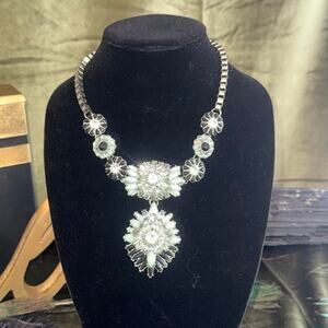 Vintage Statement Costume Jewelry Necklace 20" Chain Crystal & Mint Floral